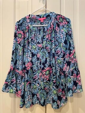 Lilly Pulitzer Navy Floral Peasant Top - Pink, Blue & Green